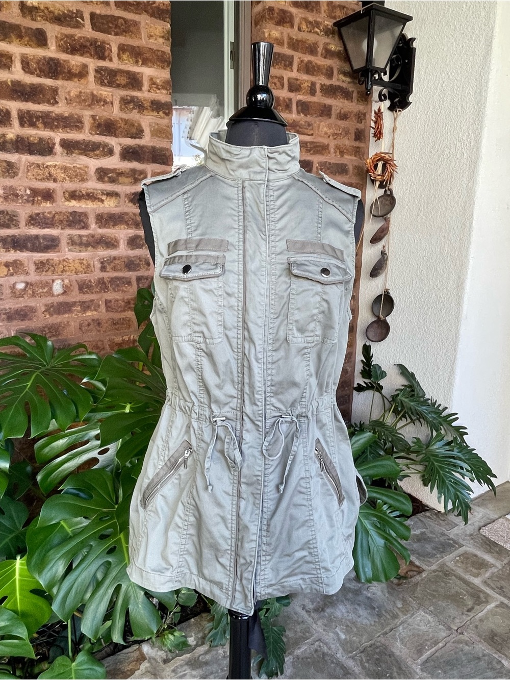 White House Black Market Light Sage Sleeveless Utility Vest with High Collar